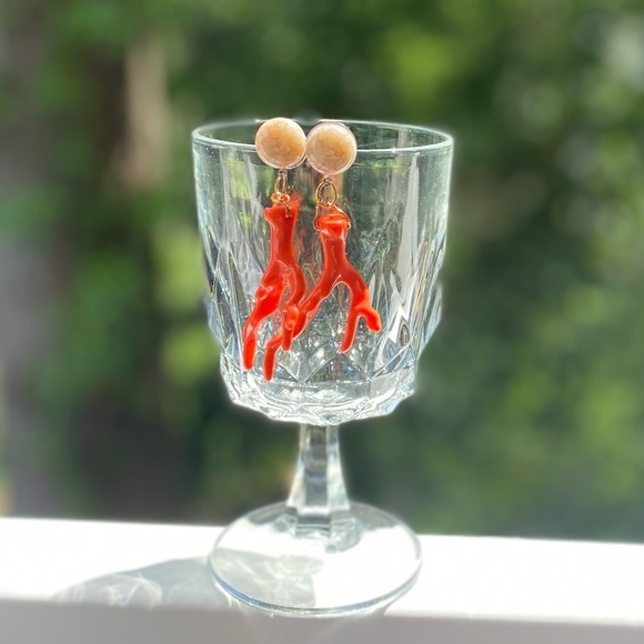 Earrings | Coral + Tan Acrylic Drop Earrings - Picture 2 of 8
